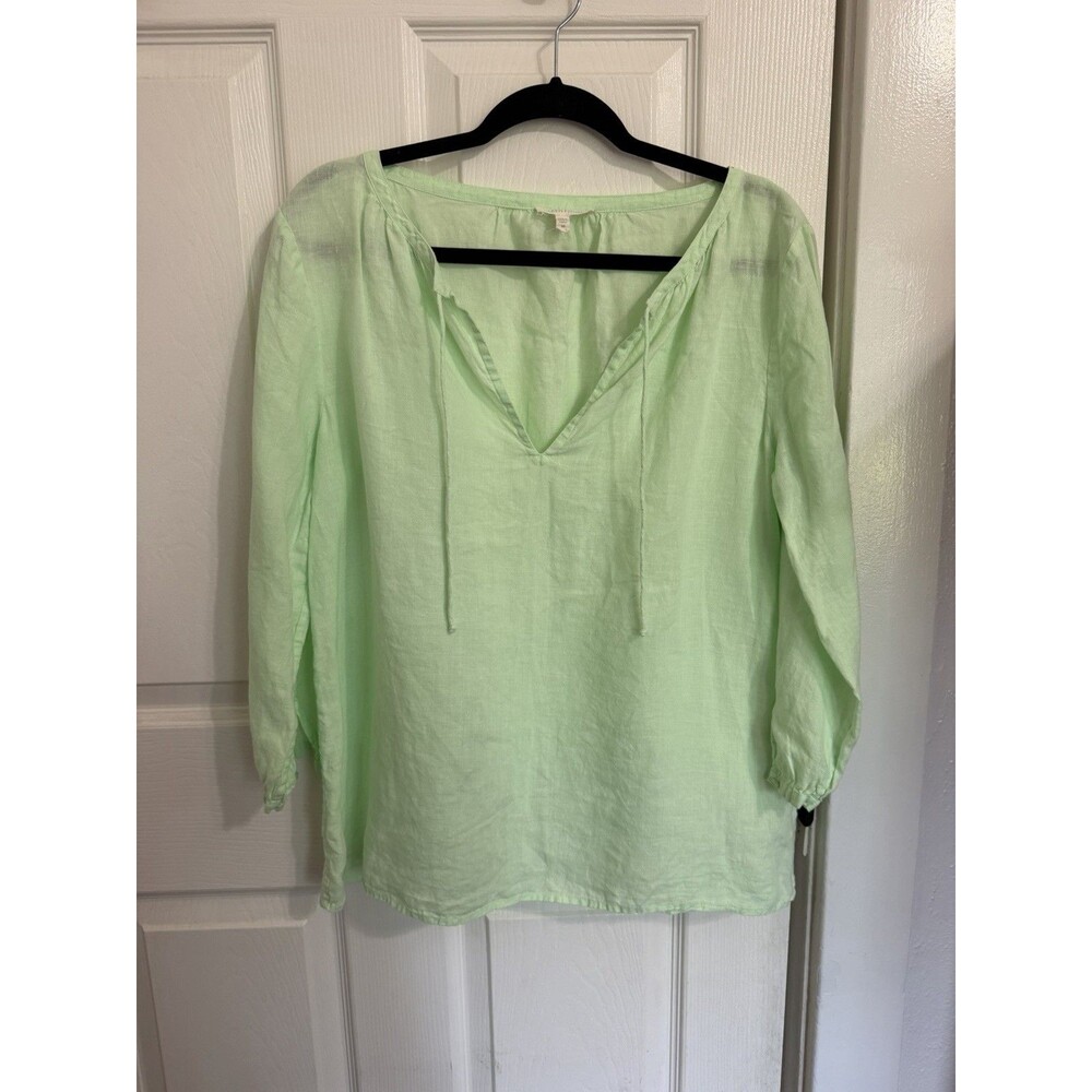 EILEEN FISHER 100% IRISH LINEN TIE FRONT PEASANT BLOUSE MINT GREEN SZ M Boho